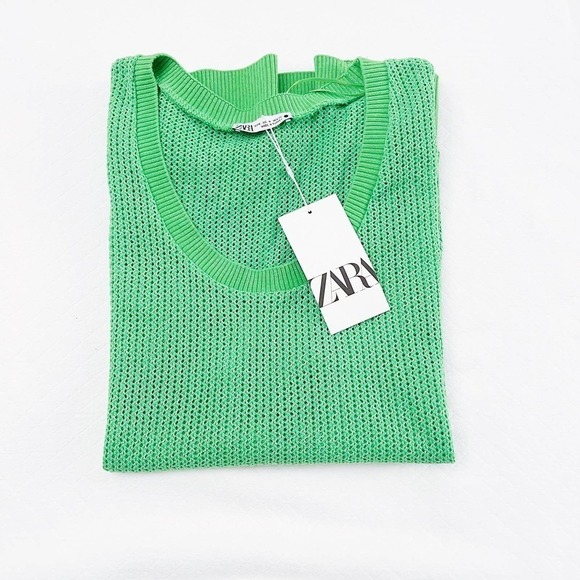 Zara Eyelet Fishnet Tank Top Lime Green SZ M - Picture 4 of 7